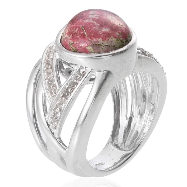 Norwegian Thulite (Pear 9.50 Ct), White Topaz Ring in Platinum Overlay Sterling Silver 10.000 Ct. Silver wt 8.60 Gms.