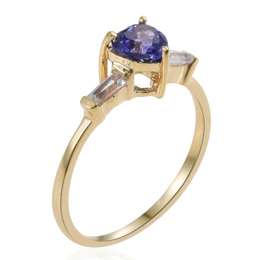 14K Yellow Gold 1 Carat Tanzanite Heart Ring, White Sapphire.