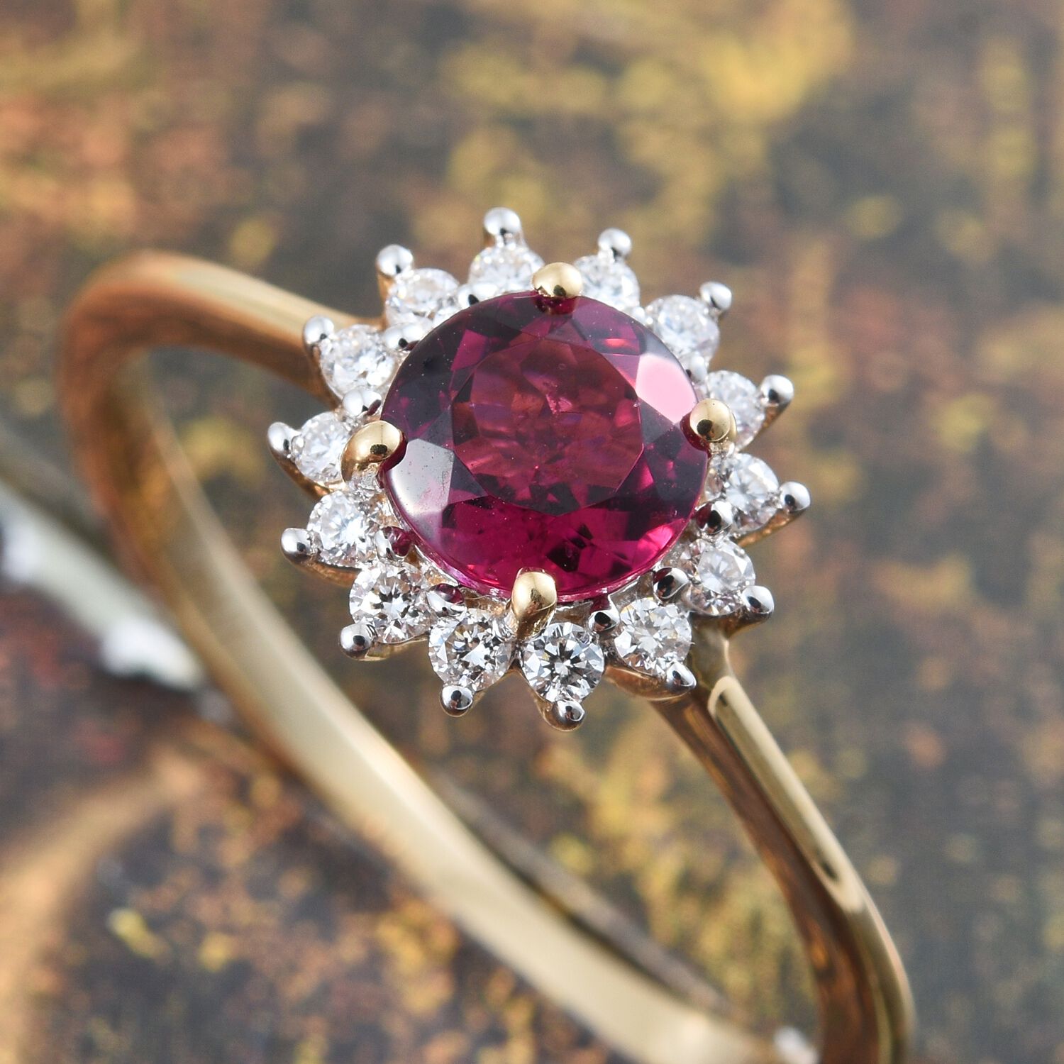 ILIANA 18K Yellow Gold AAA Ouro Fino Rubelite (Rnd), Diamond (SI/G-H) Halo Ring 1.000 Ct.