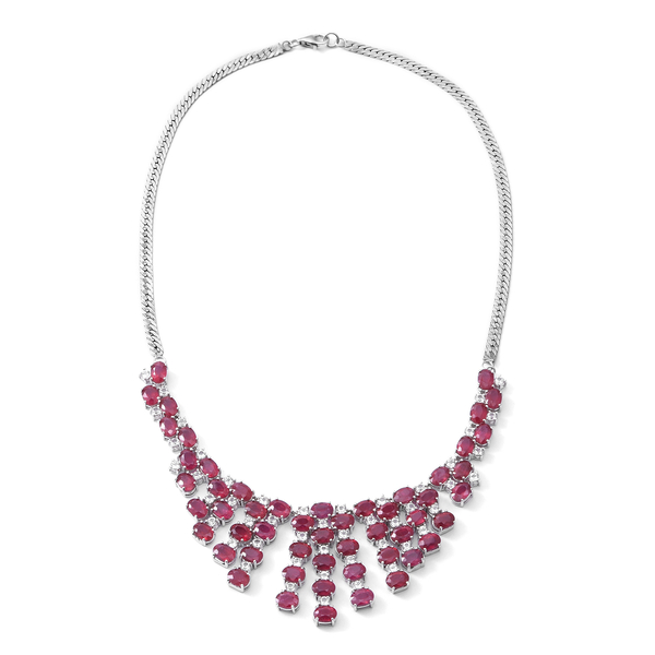African Ruby (Ovl), White Topaz Necklace (Size 18) in Rhodium Plated Sterling Silver 58.000 Ct. Silver wt 35.00 Gms. Number of Gemstone 101