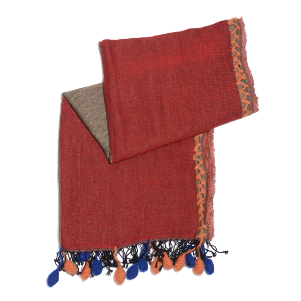 One Time Deal Designer Inspired Wool Red and Brown Colour Scarf with Pom Pom (Size 180X70 Cm)