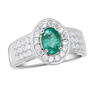 Kagem Zambian Emerald and Natural Cambodian Zircon Ring in Rhodium Overlay Sterling Silver 1.62 Ct.
