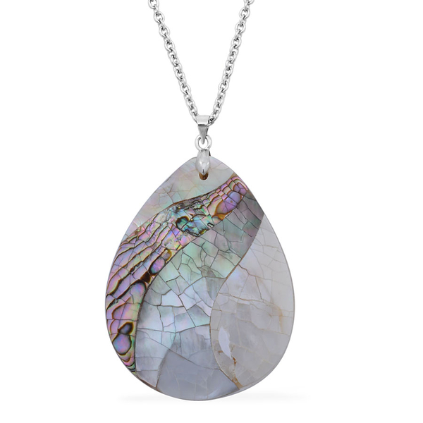 White Puka Shell and Abalone Puka Shell Pendant in Silver Tone with Stainless Steel Chain