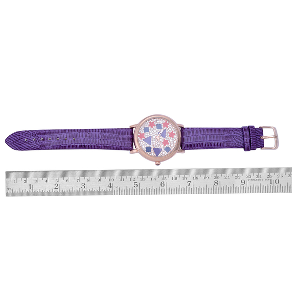 GENOA Japanese Movement Enameled Dial with White Austrian Crystal Water Resistant Watch in ION Plated Rose Gold with Purple Strap