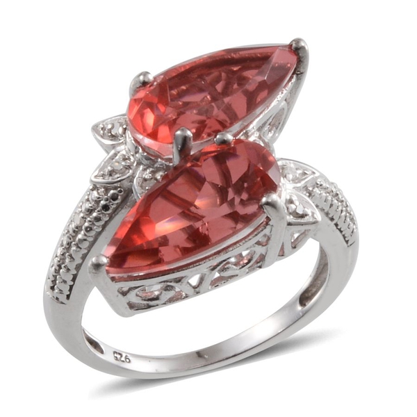 Padparadscha Colour Quartz (Pear), Diamond Crossover Ring in Platinum Overlay Sterling Silver 7.300 