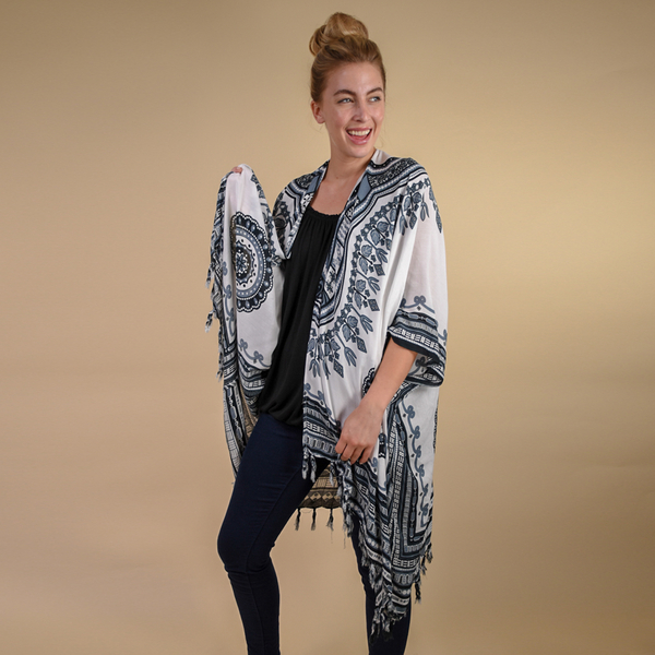 TAMSY 100% Rayon Printed Kimono, One Size (Fits 8-20) - White & Multi