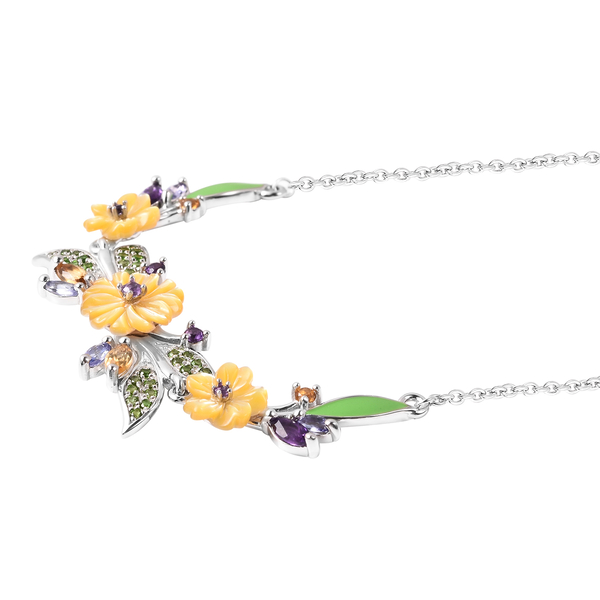 Jardin Collection - Yellow Mother of Pearl, Citrine and Multi Gemstone Enamelled Floral Necklace (Size 18) in Rhodium Overlay Sterling Silver, Silver wt 7.10 Gms