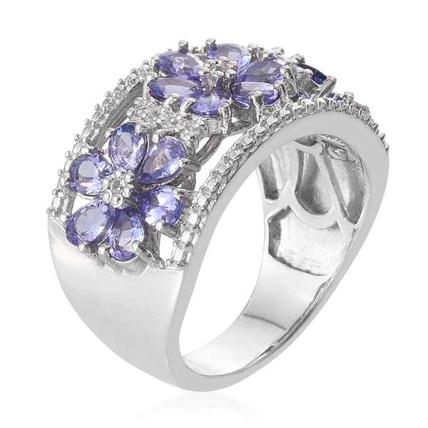 Tanzanite (Pear), White Topaz Floral Ring in Platinum Overlay Sterling Silver 2.870 Ct.