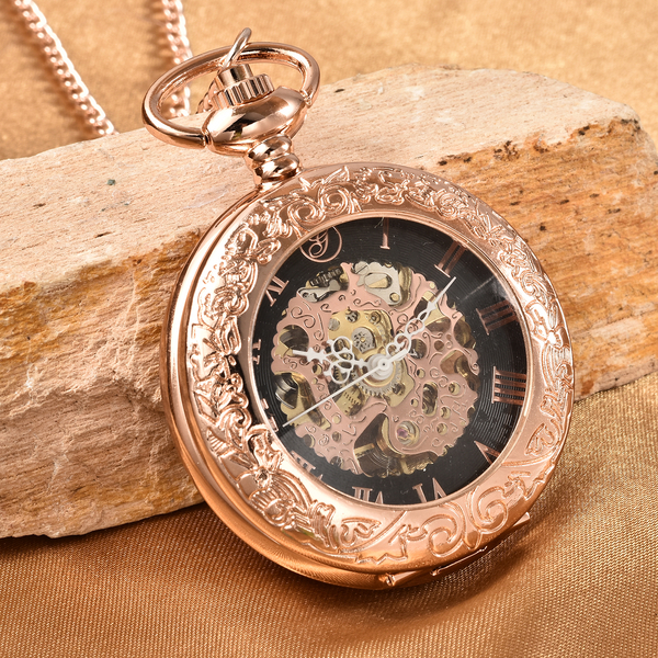 GENOA Automatic Mechanical Movement Skeleton Water Resistant Pocket Watch with Chain (Size 30) and Openable Case in Rose Gold Tone