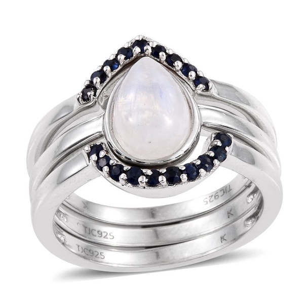 Kimberley Rainbow Moonstone (Pear 2.50 Ct), Kanchanaburi Blue Sapphire 3 Ring Set in Platinum Overlay Sterling Silver 2.750 Ct.