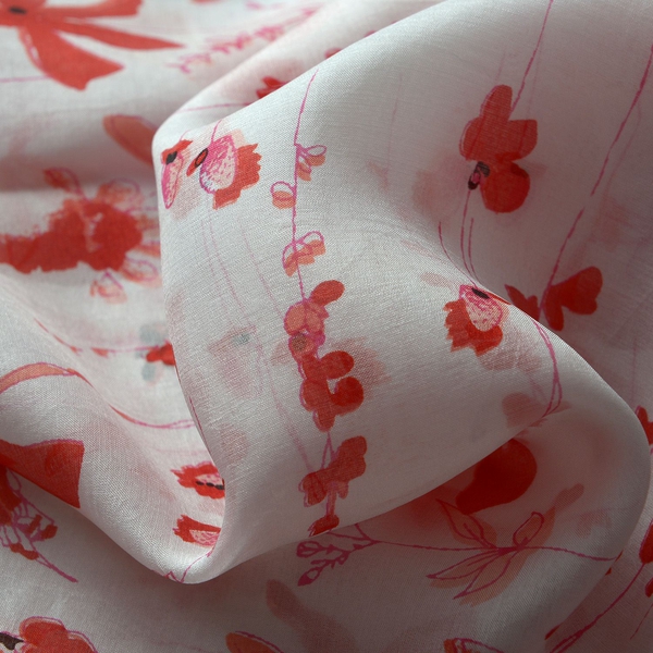 100% Mulberry Silk Red and Pink Colour Floral Pattern White Colour Scarf (Size 180x50 Cm)