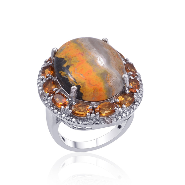 Bumble Bee Jasper (Ovl 10.50 Ct), Madeira Citrine and Diamond Ring in Platinum Overlay Sterling Silv