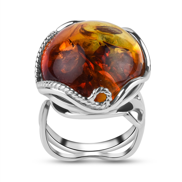 Natural Baltic Amber (Rnd) Adjustable Ring in Sterling Silver