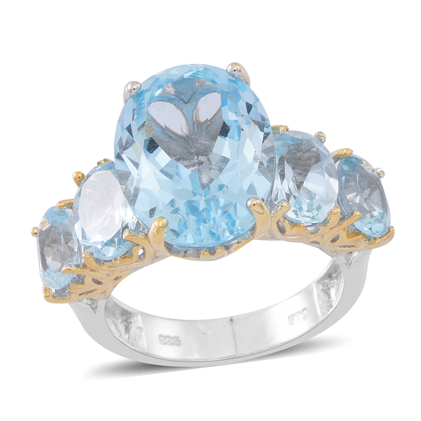 Rare Size Sky Blue Topaz (Ovl 11.20 Ct) 5 Stone Ring in Rhodium Plated Sterling Silver 16.000 Ct.