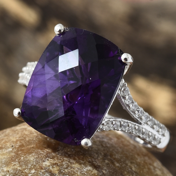 Checkerboard Cut Amethyst (Cush), Natural Cambodian Zircon Ring in Platinum Overlay Sterling Silver 10.500 Ct.