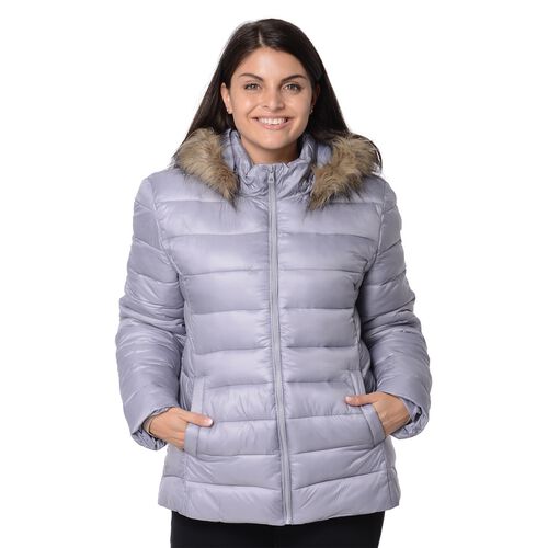 Women Puffer Jacket with Faux Fur Trim Hood and Two ...