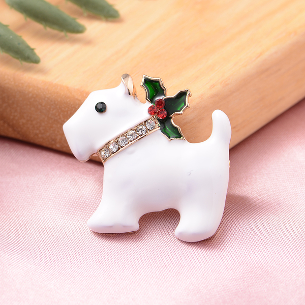 Christmas Multi Colour Austrian Crystal Puppy Enamelled Brooch in Yellow Gold Tone