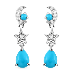 Arizona Sleeping Beauty Turquoise and Natural Cambodian Zircon Star & Moon Dangling Earrings (with P