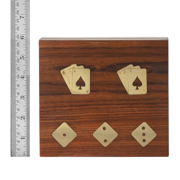 Home Decor - Brass Inlay Indian Rosewood Square Shape Playing Cards and Dice Holder Box (Size 4x15x13.5 Cm)