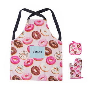 3 Piece Set - Digital Donut Rint Printed 1 Kitchen Glove (26x15Cm), 1 Pot Holder (16 Cm), and 1 Apro
