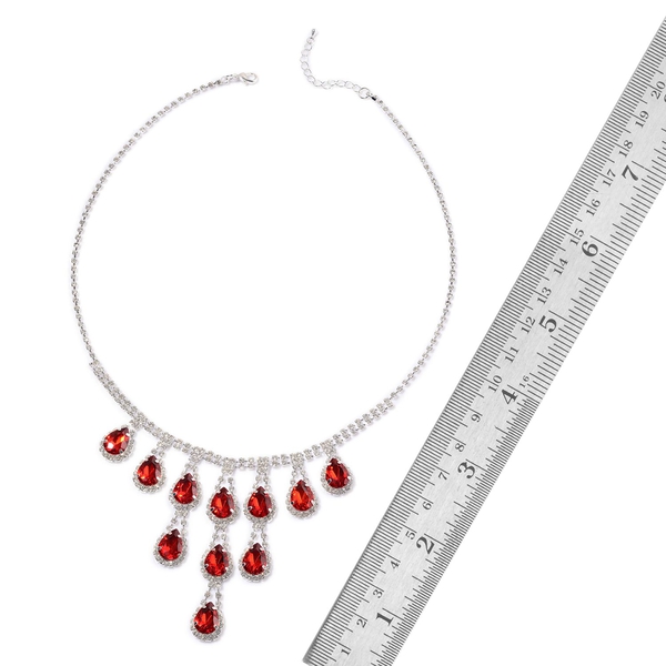 Simulated Ruby and White Austrian Crystal Necklace (Size 20 with 2 inch Extender) in Silver Tone