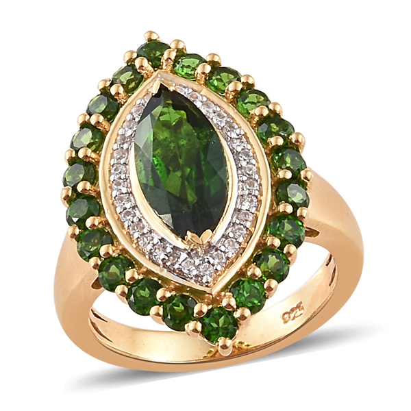 Chrome Diopside (Mrq 12x6 mm), Natural Cambodian Zircon Ring in 14K Gold Overlay Sterling Silver 3.5