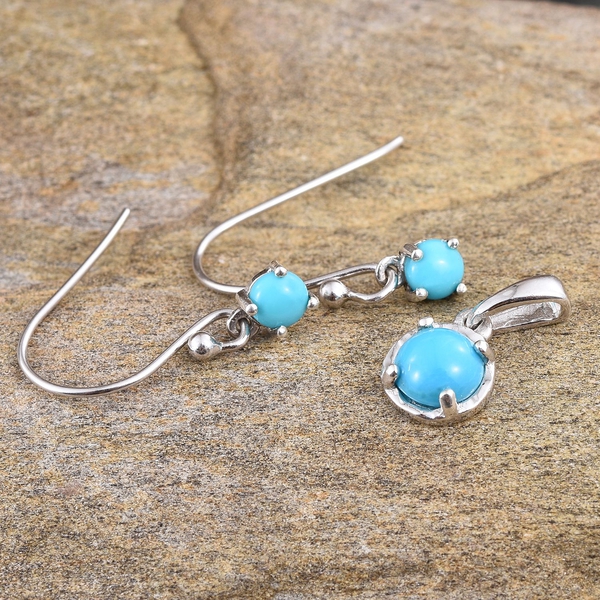 Arizona Sleeping Beauty Turquoise (Rnd) Pendant and Hook Earrings in Platinum Overlay Sterling Silver 1.250 Ct.