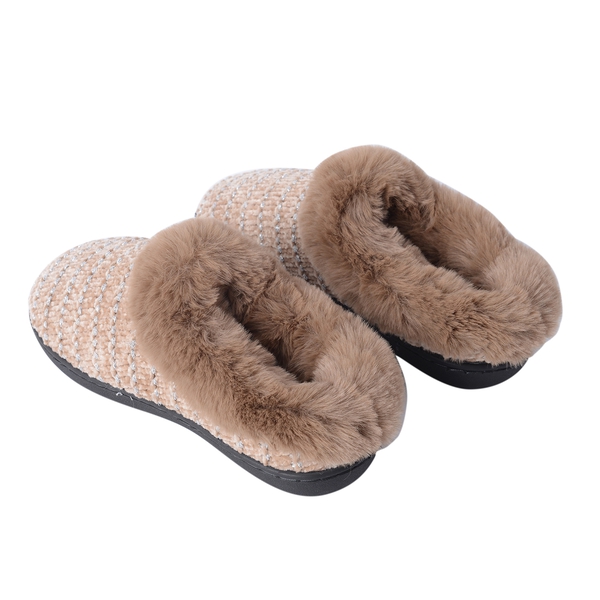 Chenille Knitted Faux Fur Slipper with Waterproof Sole (Size M) - Beige