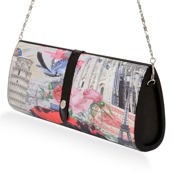 Printed Black Hand Bag with Removable Chain Strap (Size 30x5x12 Cm)