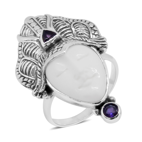 Princess Bali Collection OX Bone Carved Face, Rhodolite Garnet and Amethyst Ring in Sterling Silver 