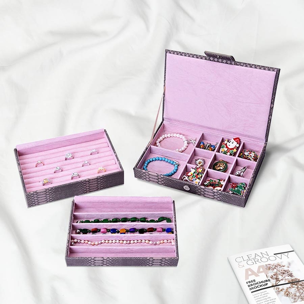 Three-Layer Jewellery Box with Light Pink Velvet Dust Cover on the Second and Third Layer (Size 24.5
