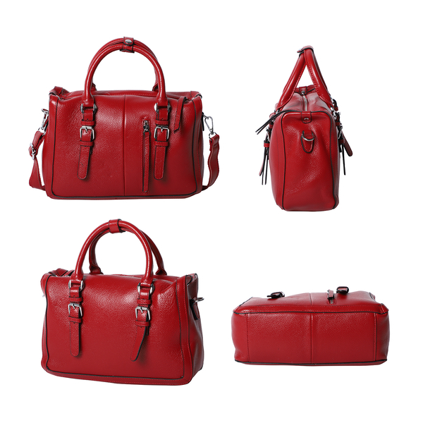 SUPER SOFT 100% Genuine Leather Handbag with Detachable Shoulder Strap and Zipper Closure (Size 30x12x20cm) - Berry
