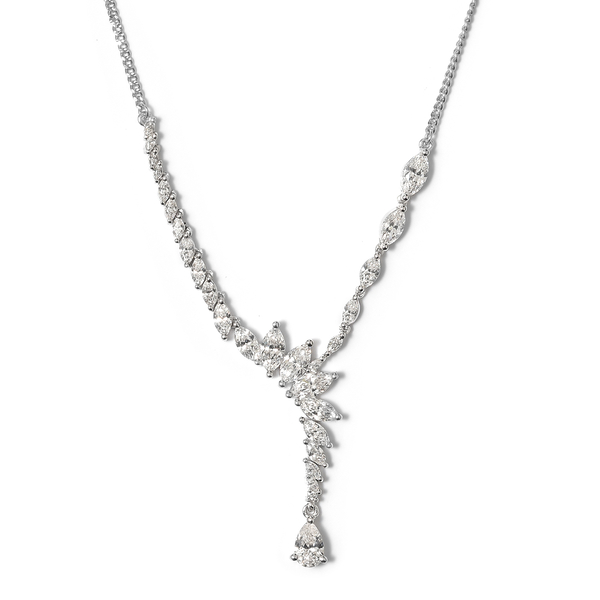 Lustro Stella - Platinum Overlay Sterling Silver (Pear) Necklace (Size 20) Made with Finest CZ , Silver wt 9.30 Gms.