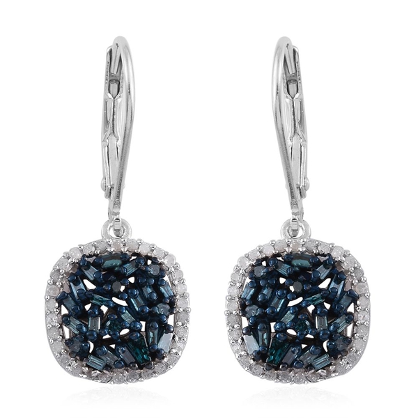 0.75 Ct Blue Diamond and White Diamond Cluster Drop Earrings in Platinum Plated Silver