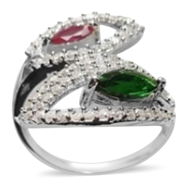 ELANZA AAA Simulated Emerald (Mrq), Simulated Ruby and Simulated Diamond Crossover Ring in Rhodium P