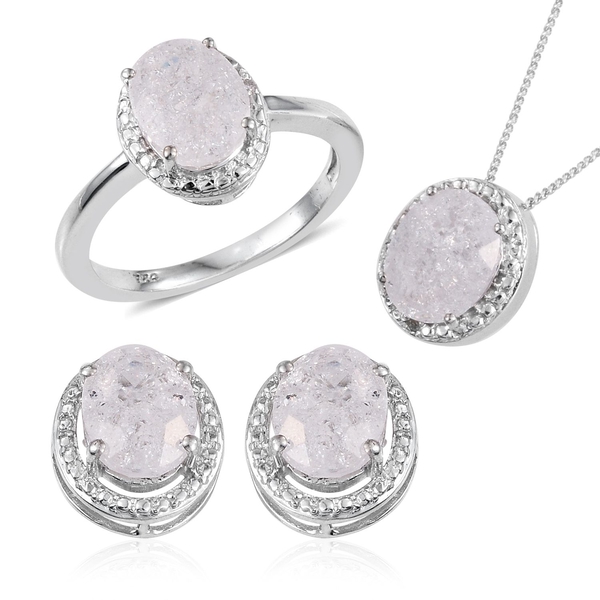 Diamond Crackled Quartz (Ovl), Diamond Ring, Pendant With Chain and Stud Earrings (with Push Back) i