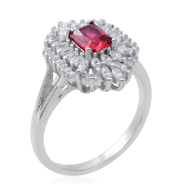 ELANZA AAA Simulated Rubelite (Oct), Simulated White Diamond Ring in Rhodium Plated Sterling Silver