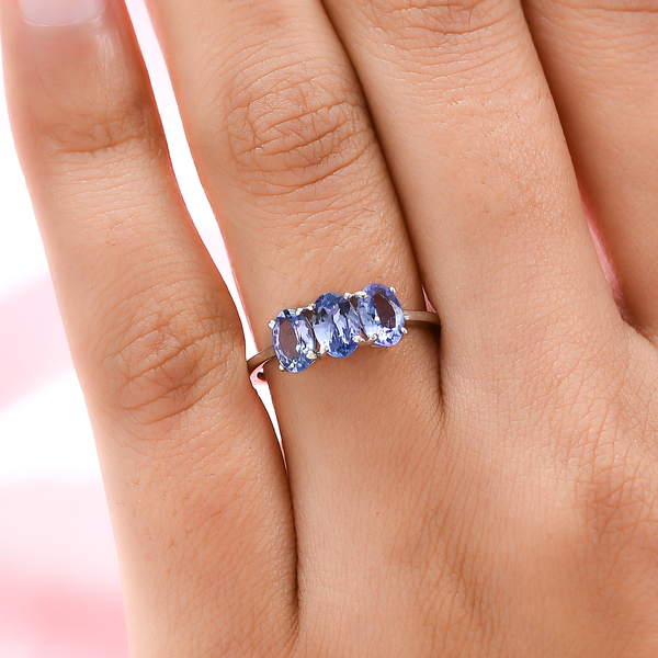 Tanzanite Trilogy Ring in Platinum Overlay Sterling Silver 1.33 Ct.