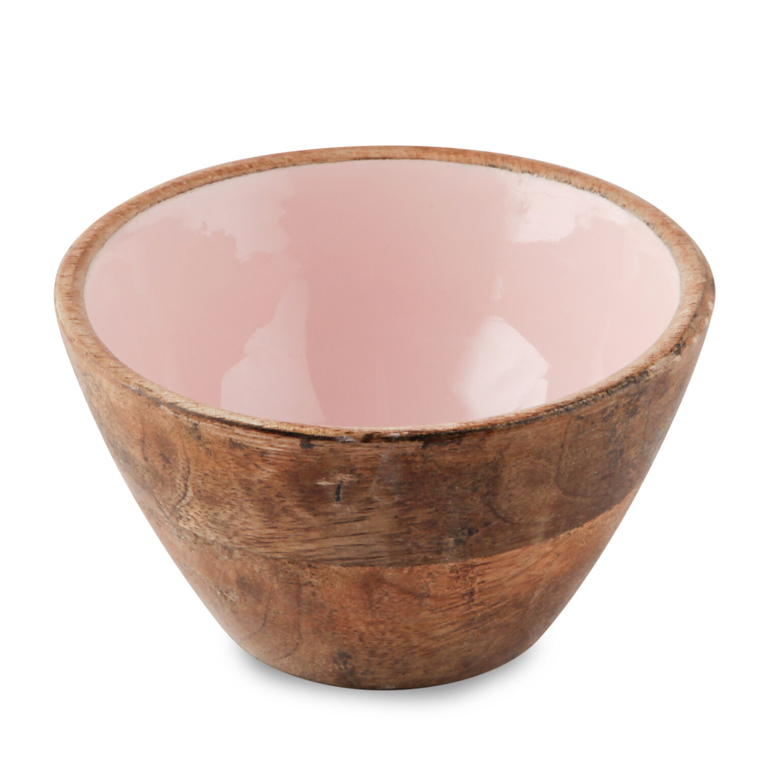 Set of 7 Pcs. - Food Serving Set in Mango Wood with Pink Enamel Interior - 1 Large Bowl, 4 Small Bowls, Spoon and Fork