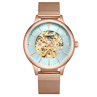 GAMAGES OF LONDON Automatic Movement Ladies Diamond Studded Skeleton Watch in Rose Gold Tone