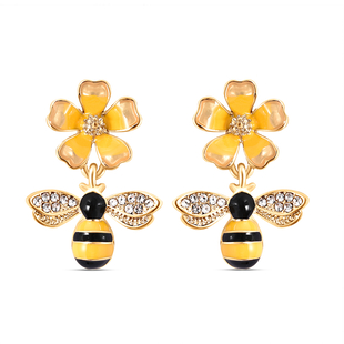 White Austrian Crystal Enamelled Bee and Flower Earrings (with Push Back) in Gold Tone