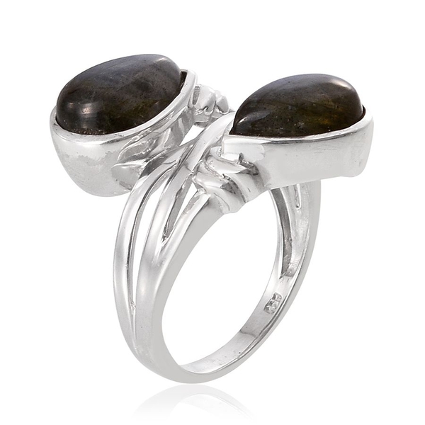 Labradorite (Pear) Crossover Ring in Platinum Overlay Sterling Silver 7.000 Ct.