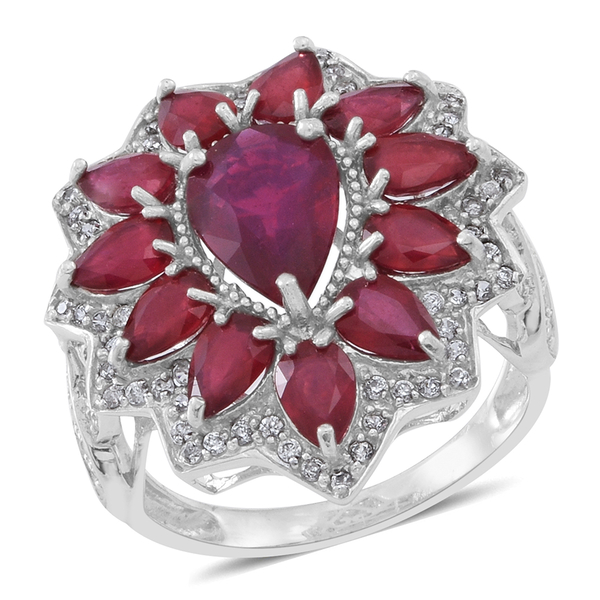 11 Carat African Ruby and Zircon Cluster Ring in Rhodium Plated Silver 6.30 Grams