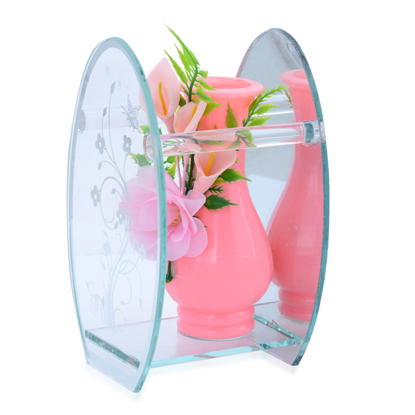 Home Decor - Set of 2 - Pink Colour Flower Vase with Artificial Flowers in Floral and Butterfly Print Glass