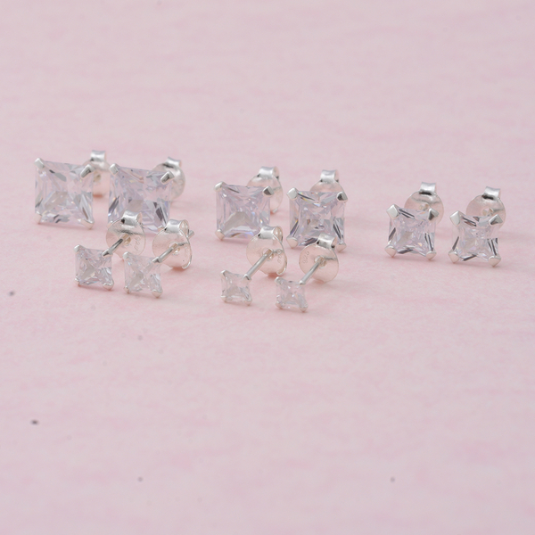 Set of 5 - ELANZA Simulated Diamond Stud Earrings (with Push Back) in Sterling Silver