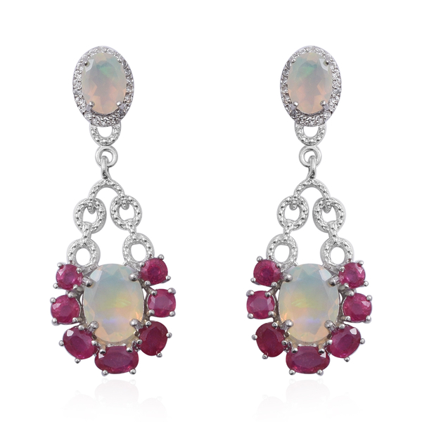 6.61 Ct African Ruby and Multi Gemstone Drop Earrings in Rhodium Plated Silver