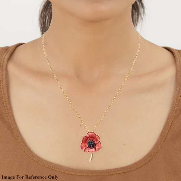 TJC Poppy Design - Black Austrian Crystal Enamelled Brooch and Pendant with Chain (Size 24) in Yellow Gold Tone