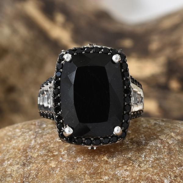 Natural Black Tourmaline (Cush 12.00 Ct), Boi Ploi Black Spinel and White Topaz Ring in Platinum and Black Overlay Sterling Silver 13.000 Ct, Silver wt 7.09 Gms.