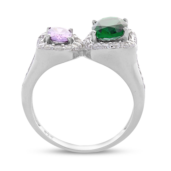 AAA Simulated Amethyst, Simulated Emerald and Simulated White Diamond Ring in Rhodium Plated Sterling Silver