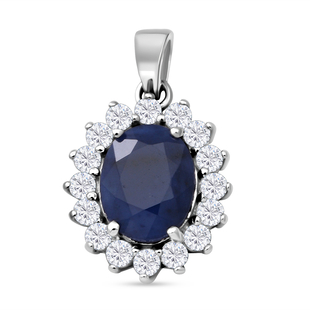 Blue Sapphire and Natural Cambodian Zircon Pendant in Rhodium Overlay Sterling Silver 3.52 Ct.